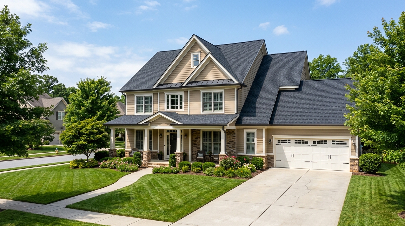 Suburban home with a pitched shingle roof
